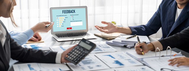 Poster - Business intelligence and data analysis concept. Analyst team working on financial data analysis dashboard on laptop screen as marketing indication for effective business strategic planning. Insight