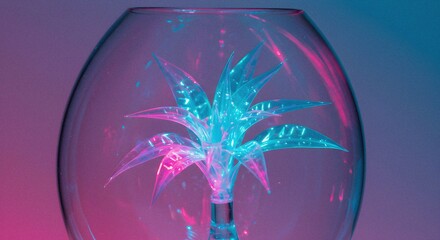 Poster - Glowing Palm Tree Sculpture Inside Glass Orb with Blue and Pink Lighting