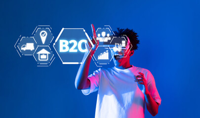Poster - A modern person interacts with a digital interface showcasing the B2C business model, emphasizing technology, customer engagement, and innovative strategies in a vibrant setting. XDMCP