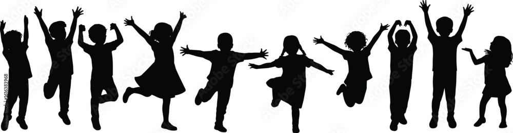 Group of happy jumping children silhouette, kids playing together ...