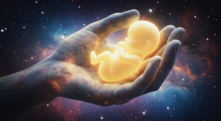 Poster - Cosmic Embryo A Hand Holding a Glowing Fetus in a Nebula