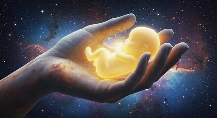 Poster - cosmic embrace a radiant fetus held in a glowing hand