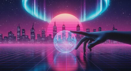 Poster - Touching the Future Neon Cityscape with Orb and Hand