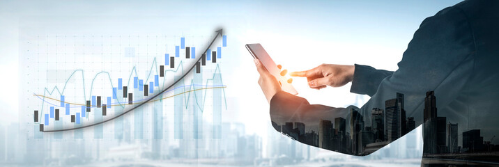 Poster - A business person engages with stock market data on a digital tablet, showcasing financial graphs alongside an urban skyline, symbolizing modern investment analysis. Impute