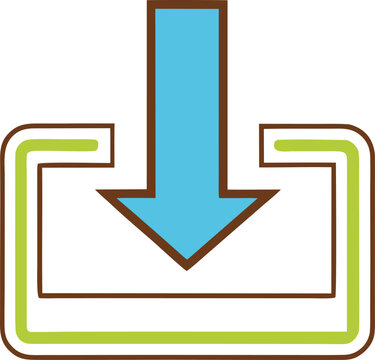 Blue arrow pointing down into green and brown tray icon