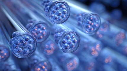 Poster - Transparent tubes filled with glowing spheres are arranged in a captivating display, reflecting light in a scientific laboratory setting. The atmosphere feels vibrant and innovative.
