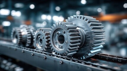 Poster - Several metal gears are aligned on a conveyor belt in a busy manufacturing facility.