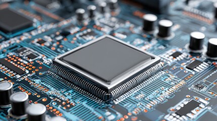 Poster - A microprocessor is prominently displayed on a printed circuit board, revealing detailed electronic connections and various components. This close-up emphasizes the complexity of modern technology.