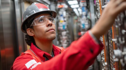 Poster - Young technician inspecting control panel in an industrial facility during daylight hours
