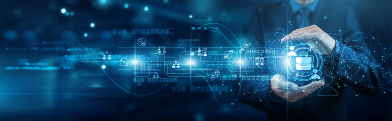 Business developer hands holding partnerships B2B business network connections client relations collaboration supply chain integration procurement strategy, and communication deals.