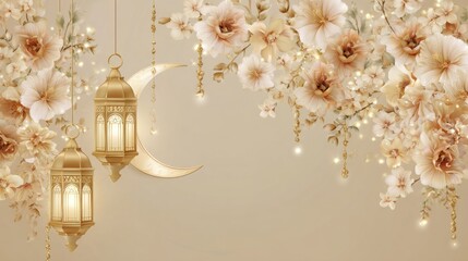 Poster - Delicate flowers in soft hues frame gleaming lanterns and a crescent moon, creating a tranquil atmosphere perfect for evening gatherings and celebrations.