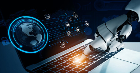 Poster - AI artificial intelligence drives data analytics with predictive models, smart dashboards, and virtual assistant insights for data-driven business decisions. Vouch