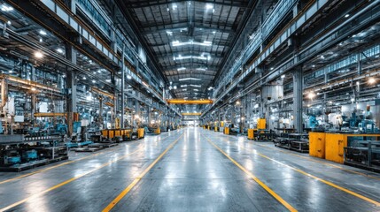Poster - Brightly lit industrial space features advanced machinery arranged in rows. Workers can be seen operating equipment, and materials are organized for production.