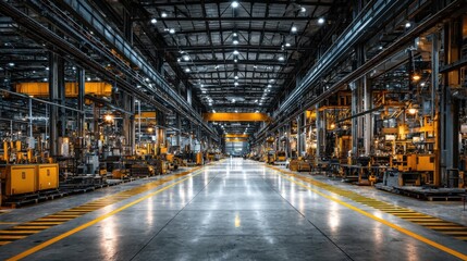 Poster - An expansive industrial warehouse features organized machinery and bright overhead lighting. The wide aisle is lined with equipment, showcasing a well-maintained manufacturing environment.