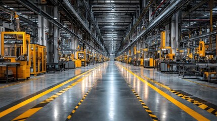 Poster - Row after row of automated machinery is set up in a vast manufacturing facility. Bright overhead lights illuminate the polished floors as workers manage operations during daylight hours.