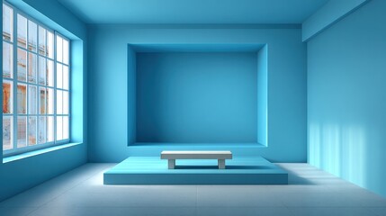 Poster - A spacious room features vibrant blue walls and a simple white table positioned on a matching blue platform. Natural light filters through a large window, enhancing the serene atmosphere.