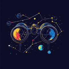 Poster - Binoculars with colorful abstract planets and constellation stars in space background cosmic exploration concept vector illustration