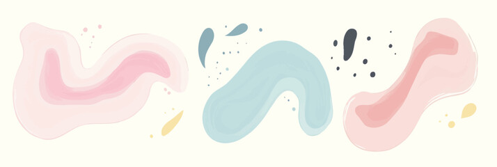 Poster - Minimalist abstract organic shapes set with pastel pink and blue fluid brush strokes and scattered small paint splatters on light background vector illustration