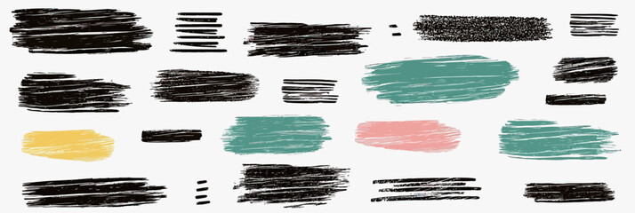 Poster - Abstract irregular brush stroke set with varied shapes and textures in black, yellow, teal, and pink colors for artistic and design accents and highlights vector illustration