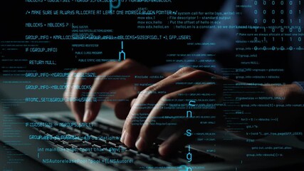 Poster - A close-up of hands typing on a modern laptop keyboard, with digital code and data streams floating in the background, illustrating technology and digital creativity. Xenic