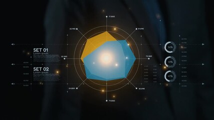 Poster - This striking image showcases geometric data visualization using vibrant shapes, graphs, and metrics on a dark background, perfect for business and technology concepts. Qubit