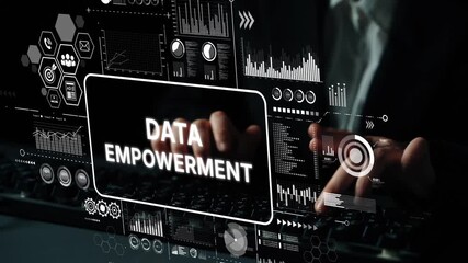 Poster - Data Empowerment Concept with Hands on Keyboard and Digital Graphic Elements for Technology and Business Themes. Asymptotic smart data analytic.
