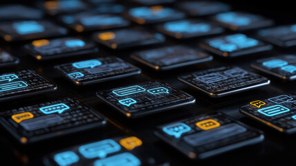Poster - Modern technology interface with digital communication icons on a dark background