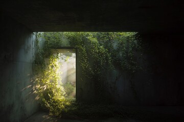 Poster - Sunlight streaming through a doorway in an abandoned structure overrun with green vines and foliage