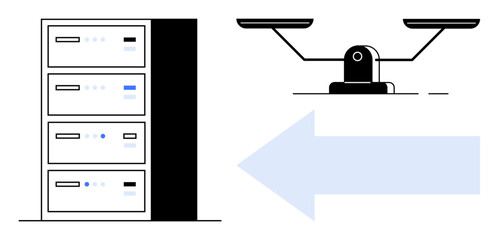 Poster - Server rack next to balance scale with directional arrow symbolizing data transfer, fairness, and optimization. Ideal for data storage, cloud computing, logistics, sustainability, decision-making