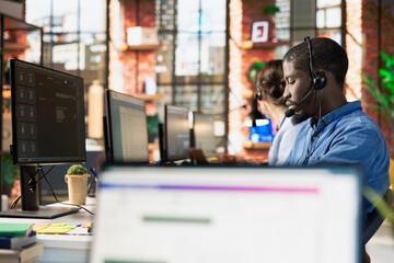 Poster - Call center agent using AI chatbot to provide multilingual support to customers. Customer support workplace employee leveraging AI to translate clients interactions in real time