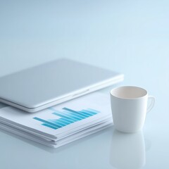 Poster - Laptop with open screen displaying blue graphs, beside white coffee cup and stacked documents on reflective surface, illustrating modern workspace productivity and analysis