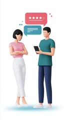 Poster - Two characters in a flat illustration engaging in a conversation, with speech bubbles displaying ratings and comments, representing communication and feedback in a digital context