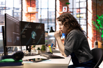 Poster - Remote worker at home watching business conference on PC monitor, writing down info on her notebook. Freelancer in office looking at presentation graphs on computer, taking notes.