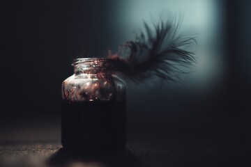 Poster - Dark ink jar with a feather emerging on a dimly lit surface creates an intriguing artistic atmosphere