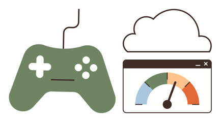 Poster - Green game controller next to cloud computing with a speedometer gauge monitoring performance. Ideal for gaming, cloud computing, performance, technology, entertainment, speed, simple flat metaphor