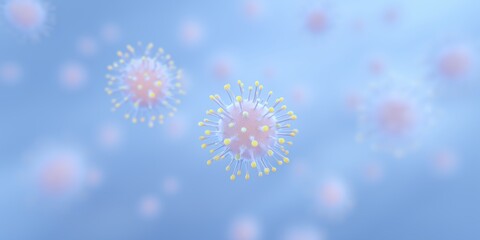 Poster - Colorful 3D illustration of microscopic virus particles floating in a soft blue background, showcasing intricate details and vibrant colors, representing health and science concepts