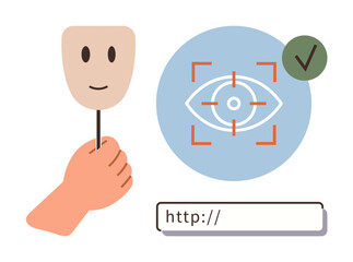 Poster - Hand holding a mask, eye scan in focus with validation checkmark, and web URL bar concept. Ideal for identity management, internet security, fraud prevention, trust, safety, anonymity privacy