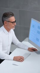 Poster - Businessman with gray hair wearing glasses is working on a computer at a modern desk, focused on digital design, showcasing professional workspace and technology