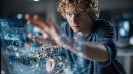 Poster - In a cutting edge robotics laboratory, a skilled engineer manipulates a holographic 3d model of a robot using augmented reality technology, showcasing innovation in design and engineering