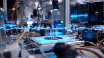 Poster - Testing an electronic circuit board with multiple protruding pins in a high tech laboratory, featuring digital readouts and a superimposed wave representing 6g data transmission