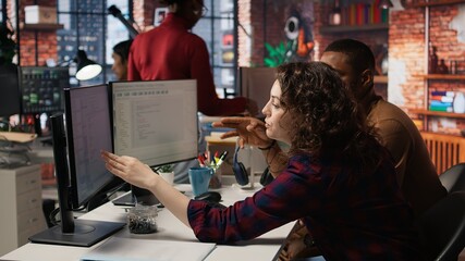 Poster - Startup programmer collaborating with colleague to test company software, identifying bottlenecks. Team of engineers writing clean, efficient code in programming language to reduce errors, camera A