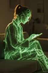 Poster - Digital representation of a woman engaged with technology at home