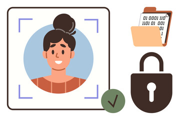 Poster - Womans portrait in scan frame, a folder with binary data, lock icon, and checkmark for authentication. Ideal for identity verification, data security, privacy, technology, biometrics digital access