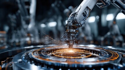 Poster - In a futuristic factory, a robotic arm meticulously deposits layers of composite materials onto a rocket engine frame, showcasing automation and precision in advanced manufacturing