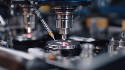 Poster - Automated industrial laser engraving machine precisely processing microchip on production line in modern electronics factory, showcasing advanced manufacturing technology