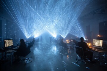 Poster - High-tech workspace with laser lights creating a unique ambiance during a late-night programming session