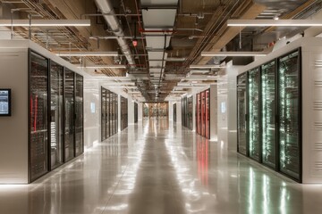 Poster - Modern data center showcasing rows of server racks and advanced technology in a well-lit facility
