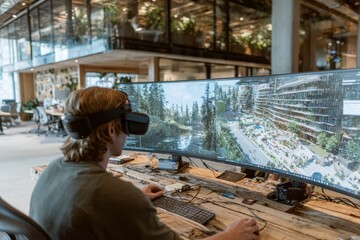 Poster - Creative professional engages in virtual reality design in modern office space surrounded by greenery