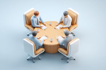 Poster - Business meeting among four professionals at a round table in a modern office setting