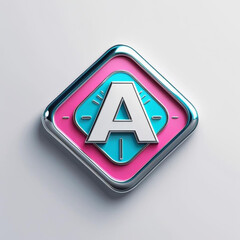 Poster - Letter inside shiny rhombus shape with pink and cyan layers and silver trim on plain surface view